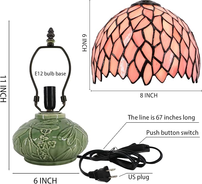 Small Tiffany Lamp Mushroom Table Lamp, Mini Stained Glass Desk Light Memory Sympathy Ceramic lamp 8X11 Inch (Pink Wisteria)