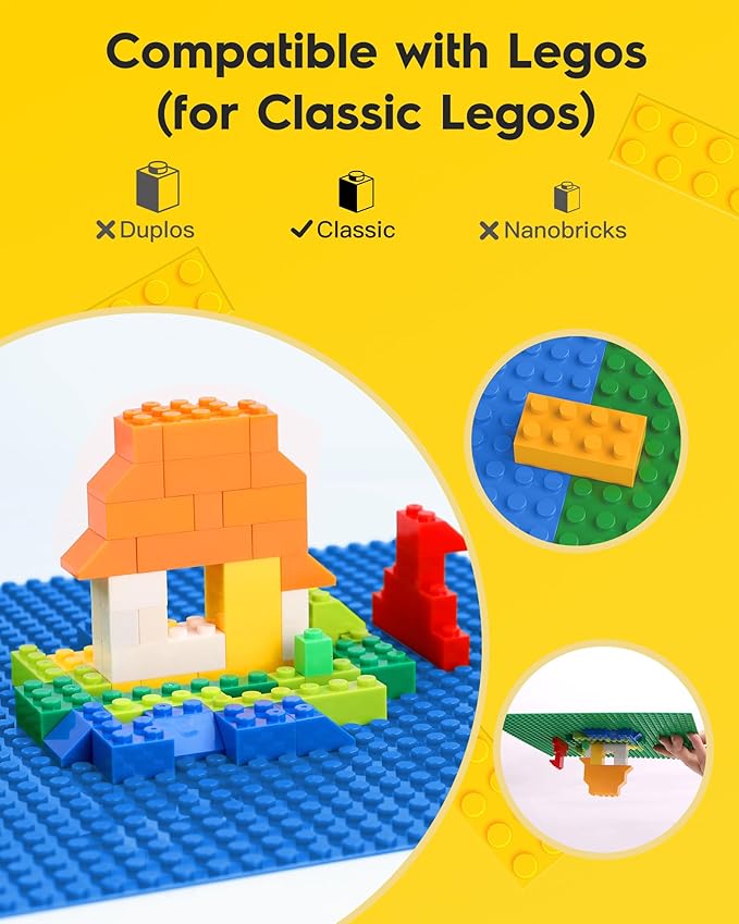 Classic Blue Baseplates, 32x32 Studs Square Base Plates for Play or Display Bricks Creations, Compatible with Classic Legos, 10" x 10", Pack of 2, Perfect for Water and Ocean