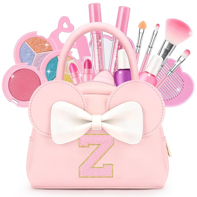 Kids Real Makeup Kit for Girls - 18Pcs Non-Toxic Washable Make Up Toys with Initial Toddler Purse - Personalized Birthday Gifts for Age 3 4 5 6 7 8 9 10 Years Old Girls Vanity Set - Z