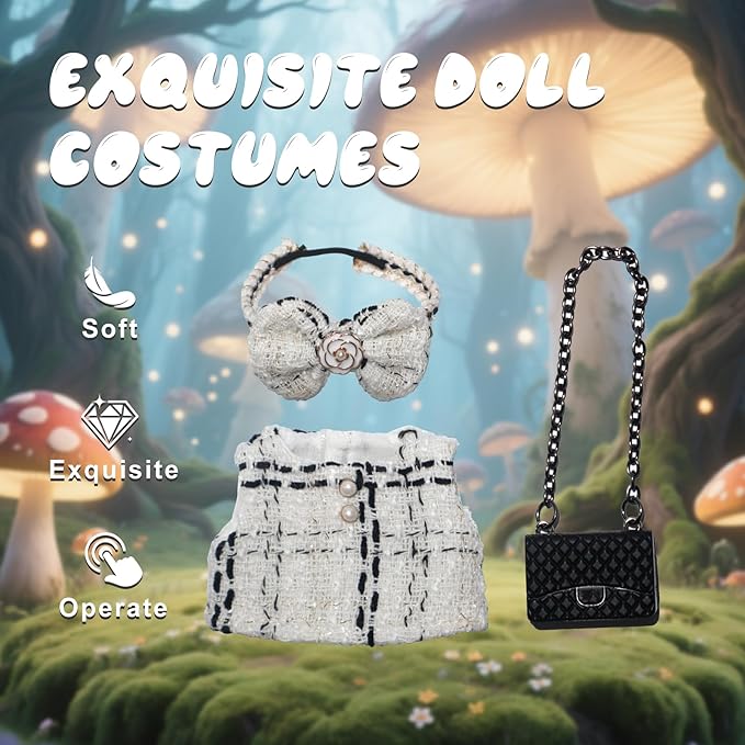 17cm Doll Clothes Dress Hairpin 3 Piece Set Luxury Accessories Outfit Set for 17cm Dolls(NO Doll)(Colorful Shirt+Bow Hairpin+Bag)