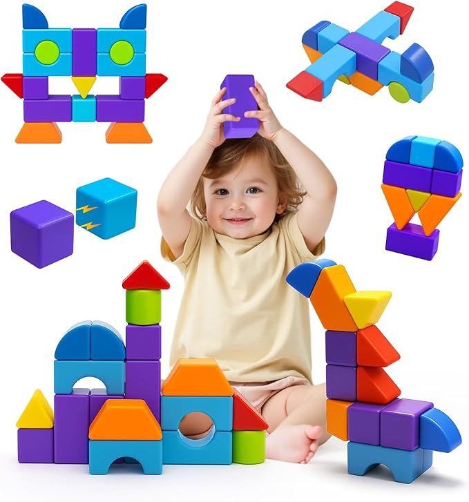Magnetic Blocks, Large 1.65 inch Magnetic Cubes for Kids, 3D Multi-Shape Building Blocks, Preschool Educational Building Kit, Montessori Sensory Toys for Toddlers 3-5 (19pcs)