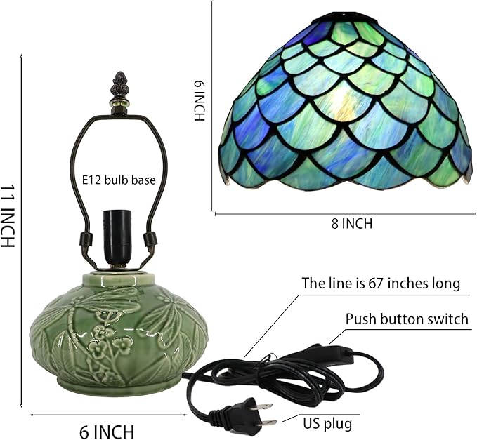 Small Tiffany Lamp Mushroom Table Lamp, Mini Stained Glass Desk Light Memory Sympathy Ceramic lamp 8X11 Inch (Fishscale Style)