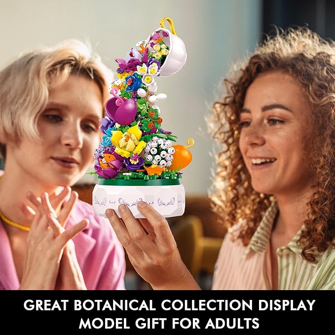 HOGOKIDS Flowers Music Box Building Block Kit with Light- 571PCS Mother's Day Decoration Rotating Music Box Building Blocks Set | Botanical Collection Birthday Gift for Girls Boys Adults Kids Ages 6+