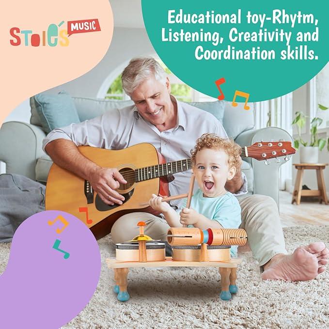 Stoie's Owl Drum Set for Babies and Toddlers 3-5 Years Old- Wooden Percussion Musical Instruments for Kids with Cymbals, Tambourines, Drumsticks, Durable, Safe to Play, Clear Sound, Easy-to asseble