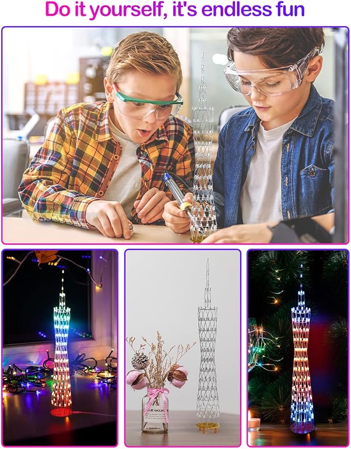 Led Canton Tower Model DIY Electronic Kit, LED Cube Model Handmade Soldering Project Kit, 12 LED Circles, Height 38cm. (GZT-12 KIT)