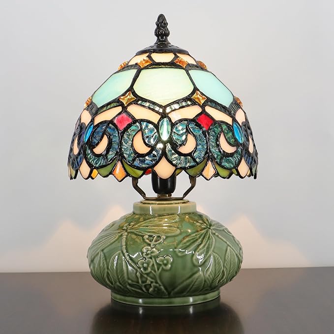 Small Tiffany Lamp Mushroom Table Lamp, Mini Stained Glass Desk Light Memory Sympathy Ceramic lamp 8X11 Inch (Sapphire Style)