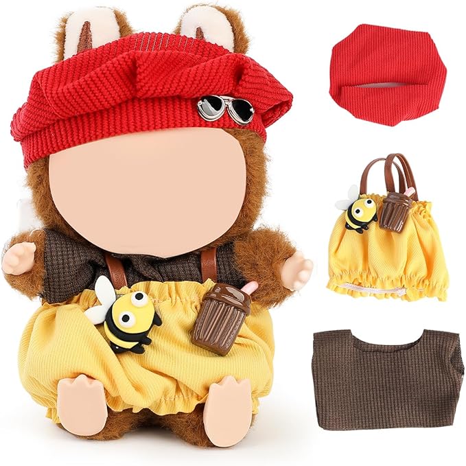 Doll Clothes for Labubu(NO Doll), for 17/15cm Plush Dolls, Clothing Suit Toy Figurine Outfit Set Dress Up with Kawaii Style Accessories, Multicolour Overall and Cute Hat or Headwear (LB90)