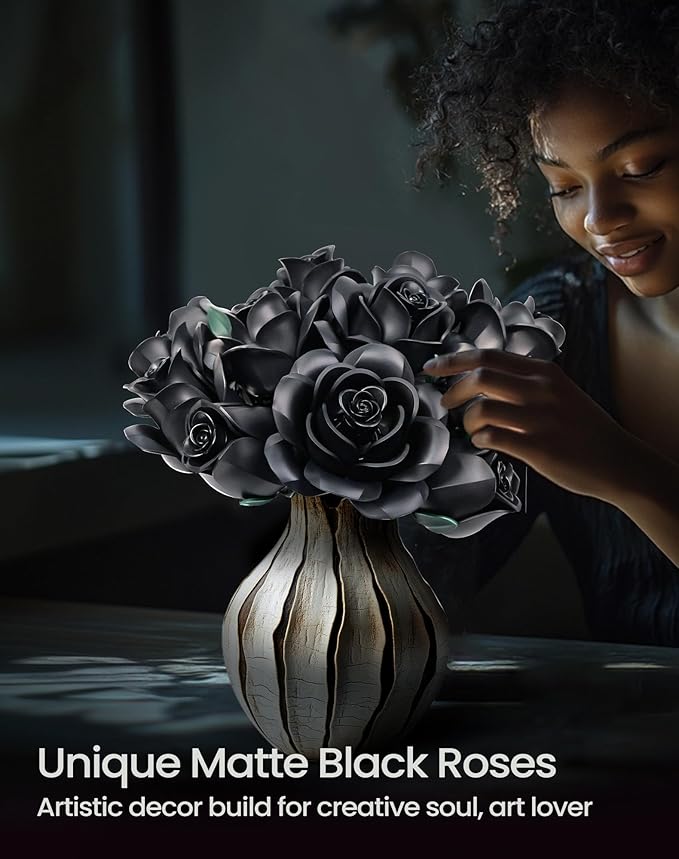 iATOM Black Rose Bouquet Building Set, Halloween Artificial Flowers Kit for Adults - Gothic Horror Retro Botanical Collection, Home Office Table Centerpiece Decor - IA11001