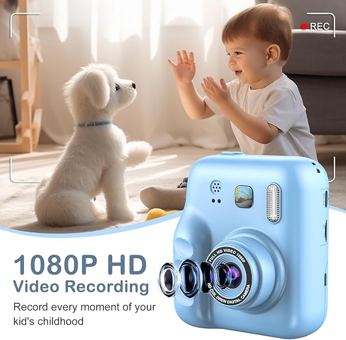 Kids Instant Print Camera, 1080P HD Kids Camera Instant Print, Includes 32GB SD Card, Adapter & 4 Zink Paper Rolls, Best Christmas or Birthday Gift for Girls Boys Age 3-12（Blue）
