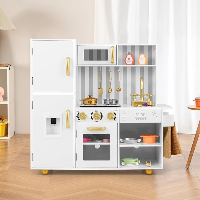 INFANS Kid Kitchen Playset, Toddler Wooden Pretend Cooking Set with Realistic Light & Sound, Stove, Sink, Microwave, Storage Cabinet, Play Kitchen Toy Set for Children Boys Girls (Gold)