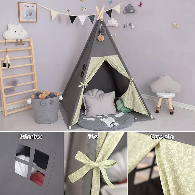 Teepee Tent for Kids Stripe Padded Mat Foldable Dark Tone Grey Play Tents for Girl and Boy with Carry Case Wooden Pole Printing Canvas Tepee Playhouse for Child Indoor Outdoor