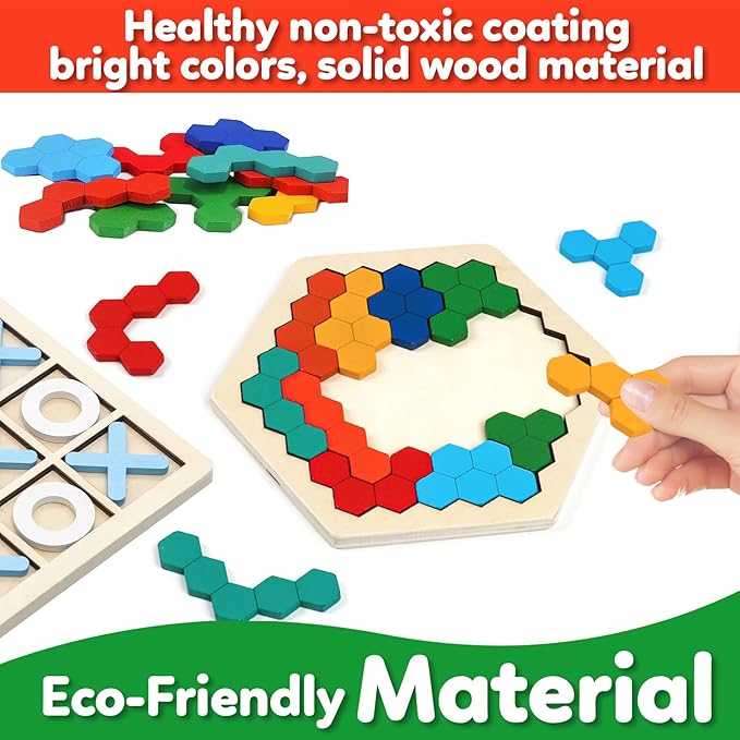 Wooden Puzzles,Geometric Shape Logic Hexagon Puzzle Toys Brain Teasers STEM Montessori Educatioanl IQ Board Games for Kids Boys Girls Ages 3+ (4 Pack)