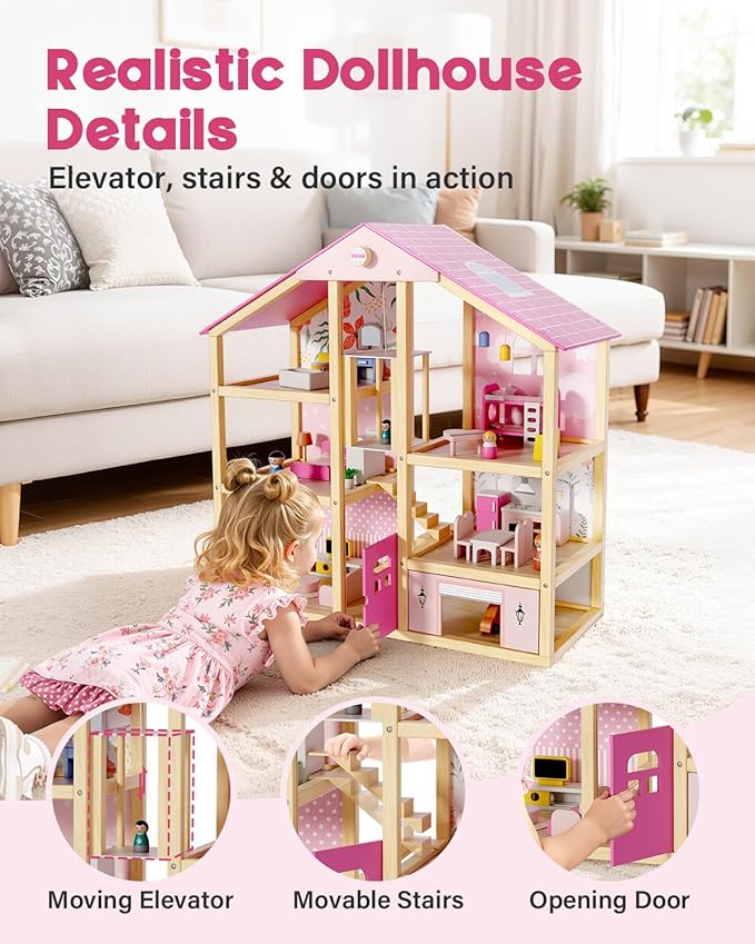BIERUM Wooden Dollhouse for Girls, Large Pink Wooden Doll House with 39 Furniture Accessories, Elevator & Garage, 5 Rooms Modern Dollhouse for Toddlers, Pretend Play Toy Gift for Kids (Pink)
