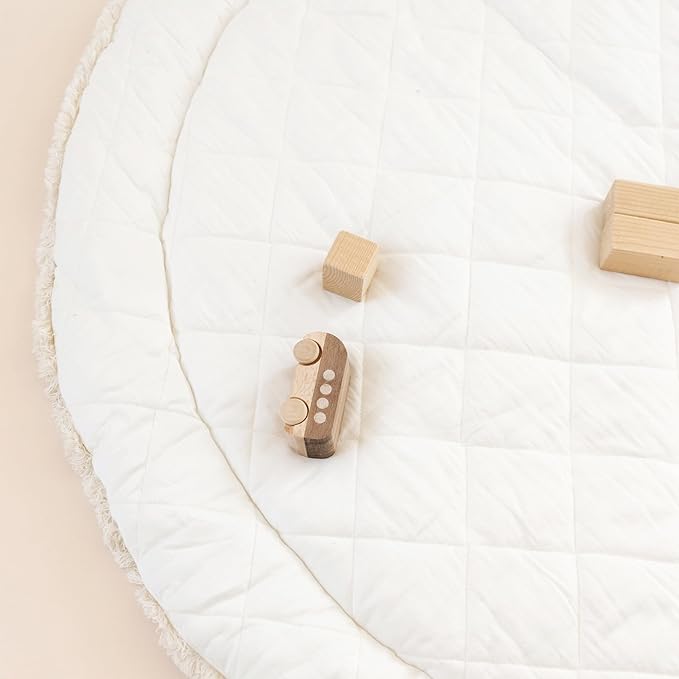 MakeMake Organics Organic Play Mat GOTS Certified Organic Cotton Nursery Floor Machine Washable Reversible Non Toxic Activity Mat Tummy Time Crawling Pad Thick Quilted (Round 48", Dotty + Solid Ivory)