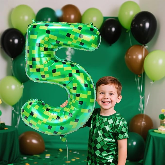 40in Pixel Giant Number 5 Balloon Birthday Decorations, Miner Theme Green Foil Balloons Blast Gaming Party Supplies