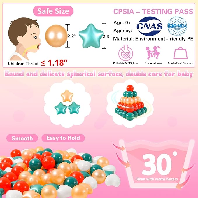 Ball Pit Balls Pack of 100 200 500 - Star and Round Set BPA Free Phthalate Free Non-Toxic Crush Proof Play Balls Soft Plastic Balls for Toddlers Baby Kids Birthday Pool Tent Party