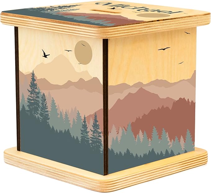 Wooden Piggy Bank for Kids and Adults, Personalized Gift Handmade in USA by BloomOwl, Custom Piggy Bank, Personalized Banks for Kids, Gifts for Baby Boys and Girls (Mountains)