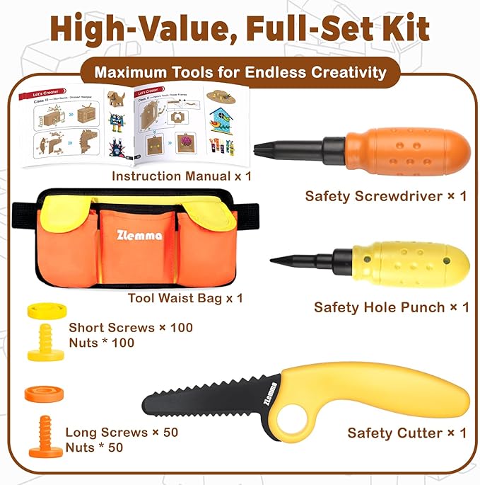 Cardboard Construction Tools Kit 124-Pieces with Waist Bag, Safety Ring Saw, Screwdriver, Waist Bag and Gift Box – Safe DIY Construction Kit for Children’s Creative Building & Crafting