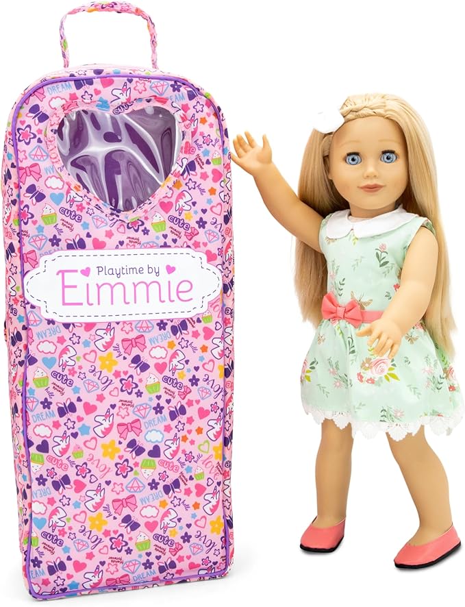 Playtime by Eimmie 18 Inch Doll with Blonde Hair, Blue Eyes, Outfit, Shoes, Pajamas, 18” Clothes Accessories & Travel Suitcase - Girls, Toddler & Childs Play Dollie - Eimmie