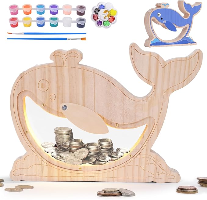 Wooden Piggy Bank for Kids, DIY Night Light Personalized Money Bank for Boys, Girls, Unbreakable Saving Box with Paintbrush and 12 Paints, Coin Jar Gifts for Kids Birthday&Decor(Whale)