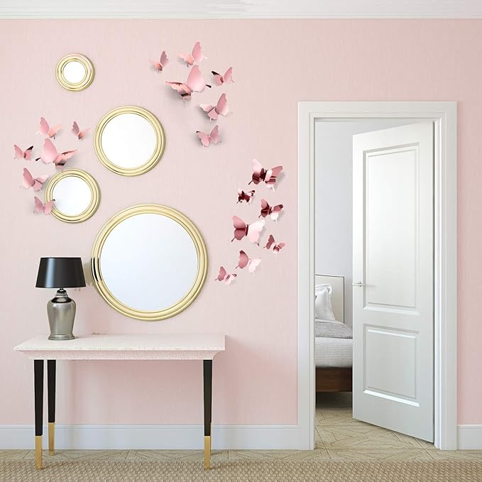 48 Piece DIY Mirror 3D Butterfly Stickers - Removable Decals for Home, Bedroom, Bathroom, Living Room (Rose Gold)