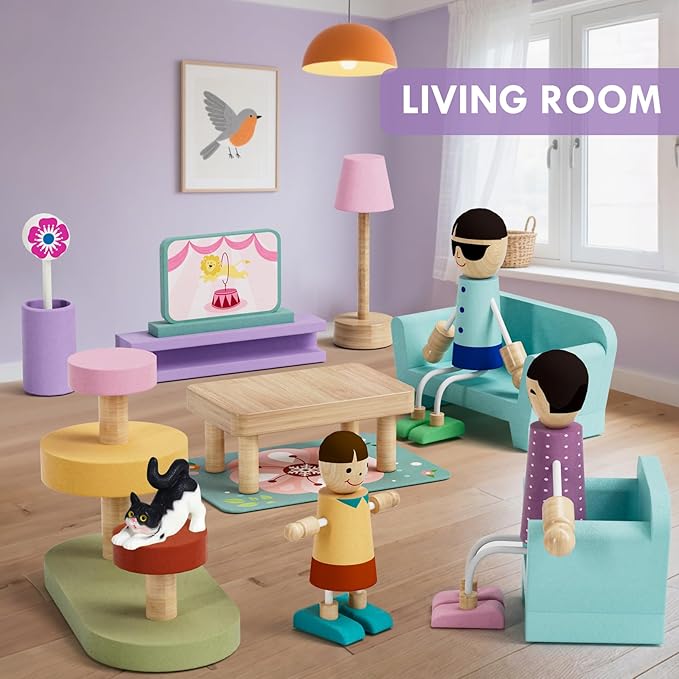 Lehoo Castle Wooden Dollhouse Furniture Set 39 Pcs with 5 Rooms, Family Dolls & Pets, All-Wooden Doll House Accessories and Furniture, Pretend Play Dollhouse Accessories Toy Gift for Kids 3+