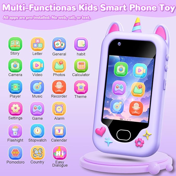 Lapare Kids Smart Phone Toys, Christmas Birthday Gifts for 3-8 Year Old Girls, Touchscreen HD Dual Camera Cell Phone with 32G SD Card(Purple)