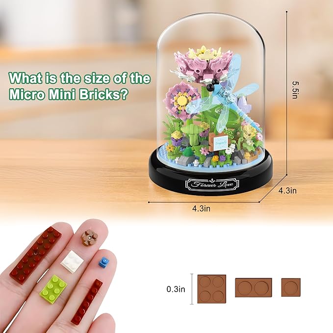 HI-REEKE Flower Dragonfly Bouquet Building Block Set, Micro Mini Botanical Building Toy for Women-568 PCS