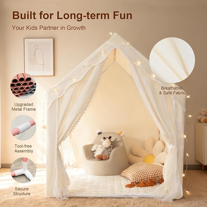 Play Tent for Kids with Star Lights, Flags, Pompoms & Gift Box, 2-in-1 Tent for Toddler with Metal Frame, Kids Indoor Playhouse, 40"x47"x50", Toy Gift for Boys & Girls