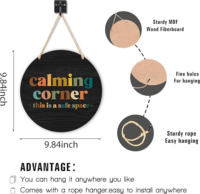 Calming Corner Hanging Wood Sign Plaque - Safe Space, Classroom Decor, School Counselor Office, Calm Down Corner Decorations, Boho Decor, 10x8 Round Black