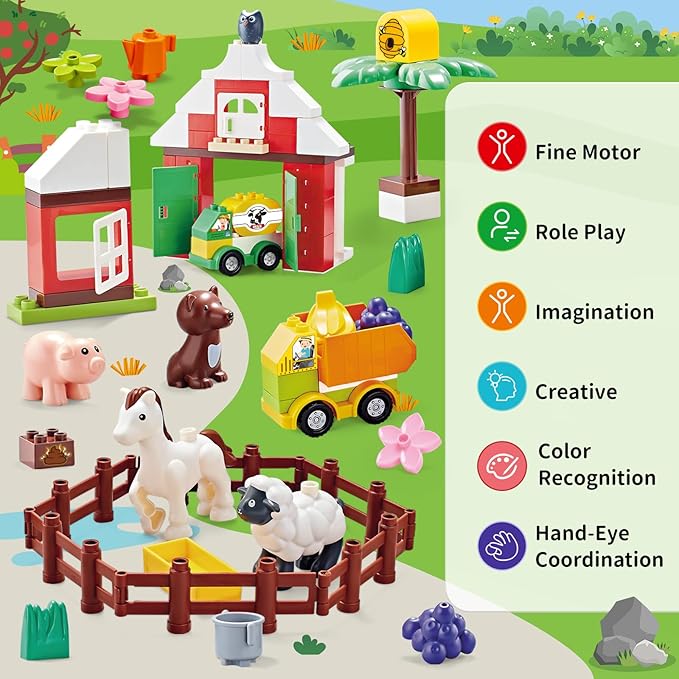 Building Blocks for Toddlers 1-3-5, Farm DIY Big Classic Building Bricks Toys Set for Kids Ages 2-4-5-8 With Barn, Animals, Truck, Compatible With All Major Brands, Gift Toy for 3-5 Boys Girls 74 Pcs