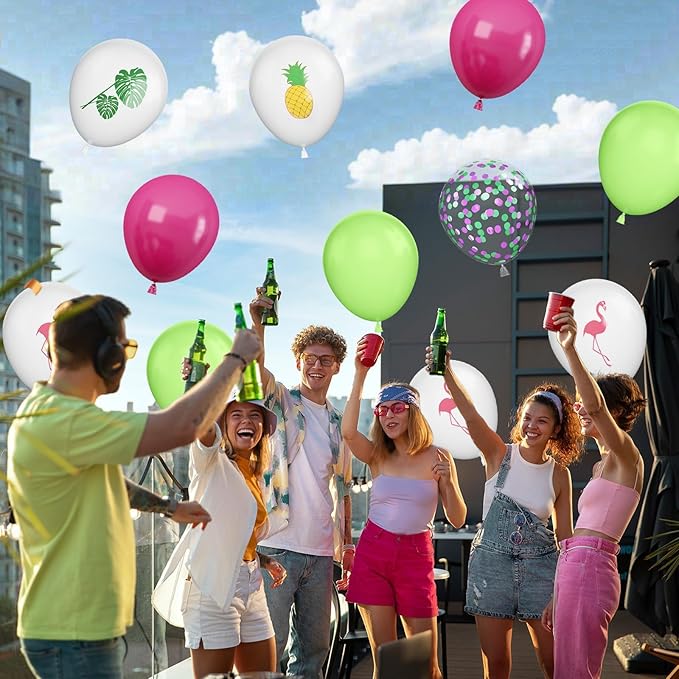Tropical Balloons, 12 Inch Hot Pink Green White Balloon Leaves Flamingo Pineapple Printed Balloons for Summer Beach Hawaiian Luau Tropical Birthday Baby Shower Party Decorations