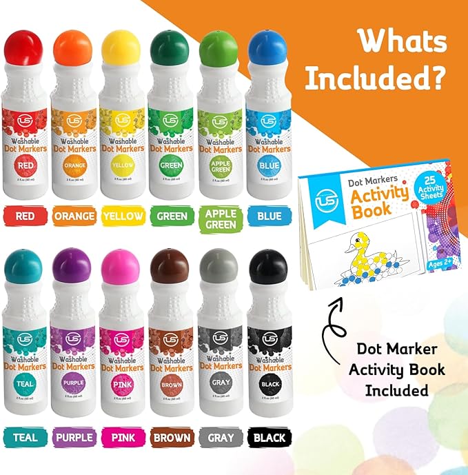 Ultimate Stationery Dot Markers for Toddlers and Kids - 12 Colors Washable Bingo Daubers, Dot Art, Toddler Art and Crafts - Includes Free Activity Book