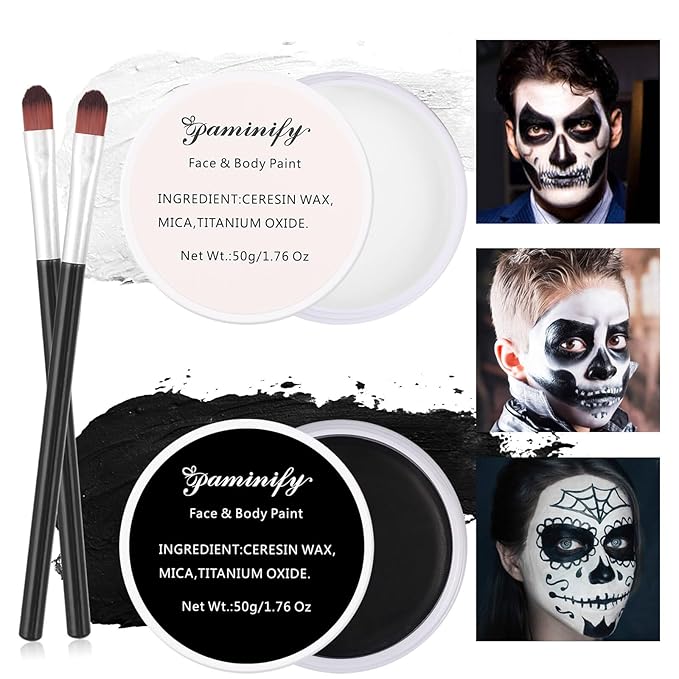 Black and White Face Paint,Halloween Face Painting for Adults and Kids,Oil Based White Body Paint with 2 Brushes for Clown Zombie Vampire Skeleton Cosplay,100g/3.53 oz