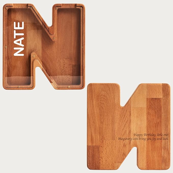 Personalized Wooden Piggy Bank – Custom Letter N Coin Bank in Beech Wood with Clear Acrylic Front, Engraved Name Option, Money Saving Box for Kids and Adults