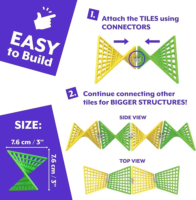 HyperTiles Hyperbolic Building Toy - 3" x 3" STEM Educational 3-Dimensional Adventure: 48 Tiles & 80 Connectors for Logic & Creativity - Infinite Shapes that Flex and Hinge - by Fun In Motion Toys