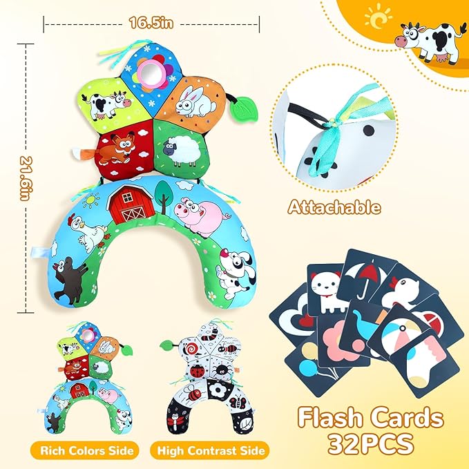 Tummy Time Pillow, High Contrast Tummy Time Mat with Black & White Flash Cards, Double-Sided Tummy Time Cushion with Mirror & Teether Sensory Toys, Baby Toys for Infant Newborn 0-12 Months Babies
