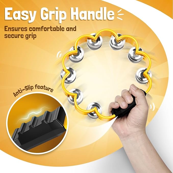 Flexzion Flower Tambourine - 8 Inch Handheld Percussion Instrument w/Metal Jingles & Ergonomic Grip - Small Tambourines for Adults, Kids, Church, Parties, & Musical Events (Yellow)