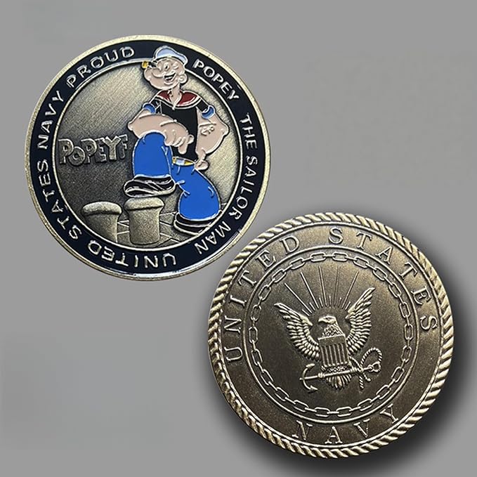 Navy Popeye Sailor Challenge Coin – 250th Anniversary Military Commemorative – I Love My Sailor Coin – Antique Colorized Navy Coin – Veteran & US Navy Collectible