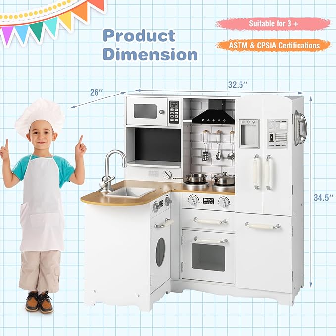 Costzon Corner Kids Kitchen Playset, 11-in-1 Wooden Toy Kitchen Set with Realistic Washing Machine, Microwave, Oven, Stove, Refrigerator, Range Hood, Telephone, Play Kitchen for Toddlers Boys Girls