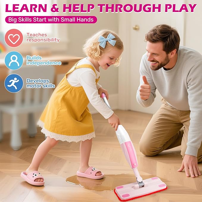 Dreamon Kids Spray Mop - Real Working Toddler Cleaning Set with Water Sprayer & 3 Washable Mop Pads & Scraper, Pretend Play Montessori Housekeeping Toys Gifts for Toddlers Kids Girls Boys(Pink)