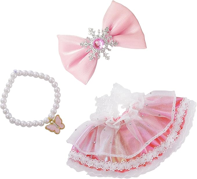 17cm Doll Clothes Set & Dolls Outfit Handmade Doll Clothing Set with Pink Dress Necklace and Bow Accessories for 17cm Plush Dolls, Clothes Only, No Doll Included (Pink B)