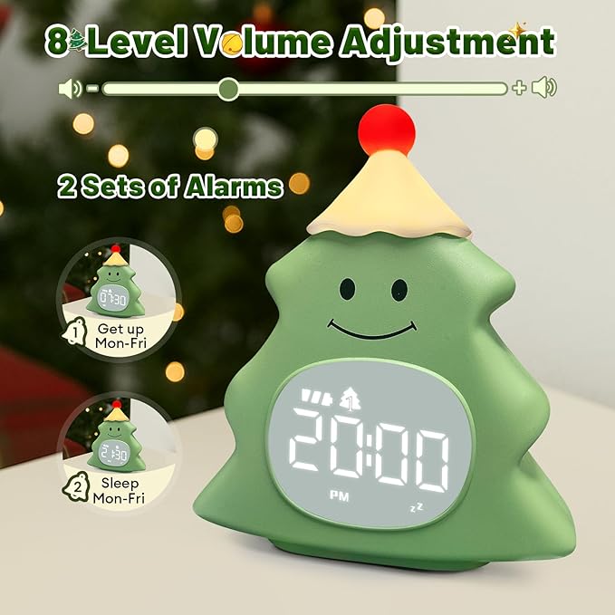 Christmas Tree Kids Alarm Clock, Digital Alarm Clock for Children with Snooze, 5 Ringtones, 8 Volume Levels, Gentle Night Light Timer, Easy-to-Read Display, Fun Holiday Wake Up Clock Gift