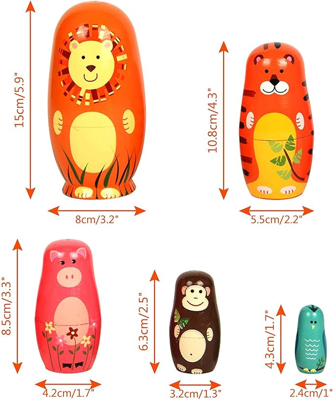 Conzy Russian Nesting Dolls for Kids, Stacking Wooden Handmade Matryoshka Dolls, 5 Piece Cute Cartoon Animal Pattern, Great Toy Gift for Girls Boys' Birthday or Home Decoration (Orange)
