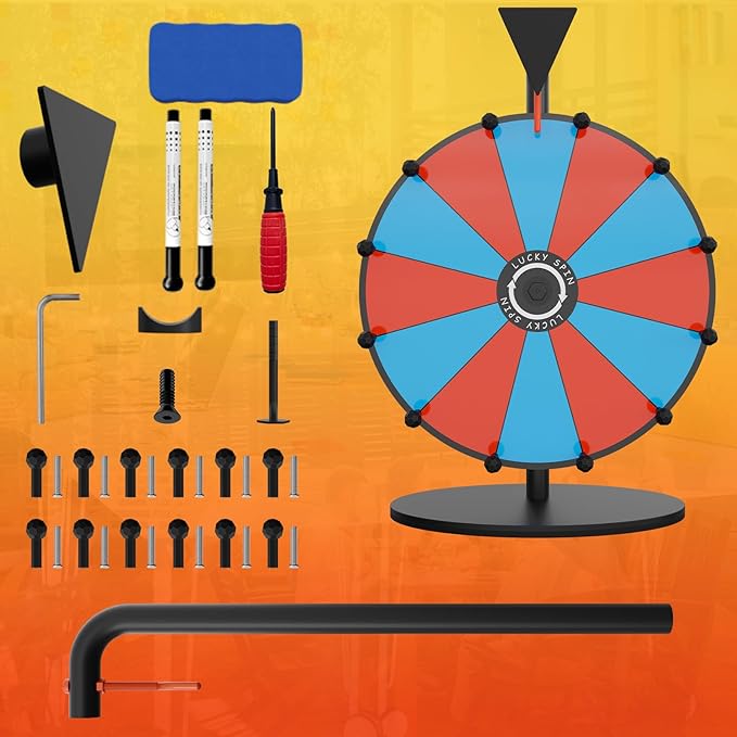 Prize Wheel,12 Inch Spinning Wheel with Stand,12 Slots Color Spinner Wheel with Eraser, Markers, Dry Erase Wheel of Fortune Game for Carnival, Casino & Trade Show (Black, Prize Wheel-12inch)