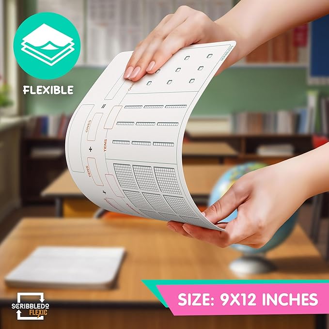 SCRIBBLEDO Base Ten Blocks 9”x12” Small White Board Dry Erase Sheets Math Manipulatives Place Value Number Blocks Math Supplies Teacher Students Classroom Pack of 10 Sheets