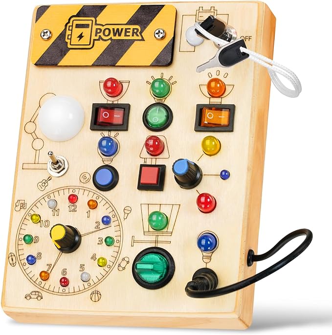 Montessori Busy Board Toys: Wooden Sensory Toy for Toddler with LED Light Up Switch, Educational/Christmas/Birthday Gifts for 1-3 Year Old Boys & Girls