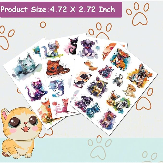Watercolor Puppy and Kitten Temporary Tattoos for Kids, 10 Sheets Cute Watercolor Dog Cat Pet Tattoos Birthday Party Supplies Gifts Decoration