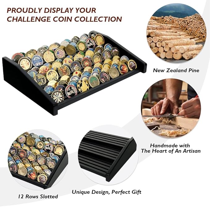 12-Row Wooden Challenge Coin Display Holder for Countertop - 3-Tier Military Coin Rack Stand Holds 90-100 Coins - Coin Display Case for Army Police Collectors, Black