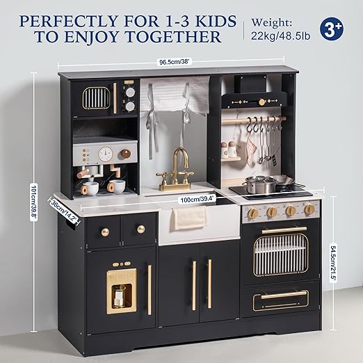 ROBOTIME Wooden Play Kitchen for Kids, Toddler Kitchen Playset with Ice Maker and Coffee Machine, Realistic Kids Play Kitchen Toy Gift for Girls & Boys Ages 3+ Black